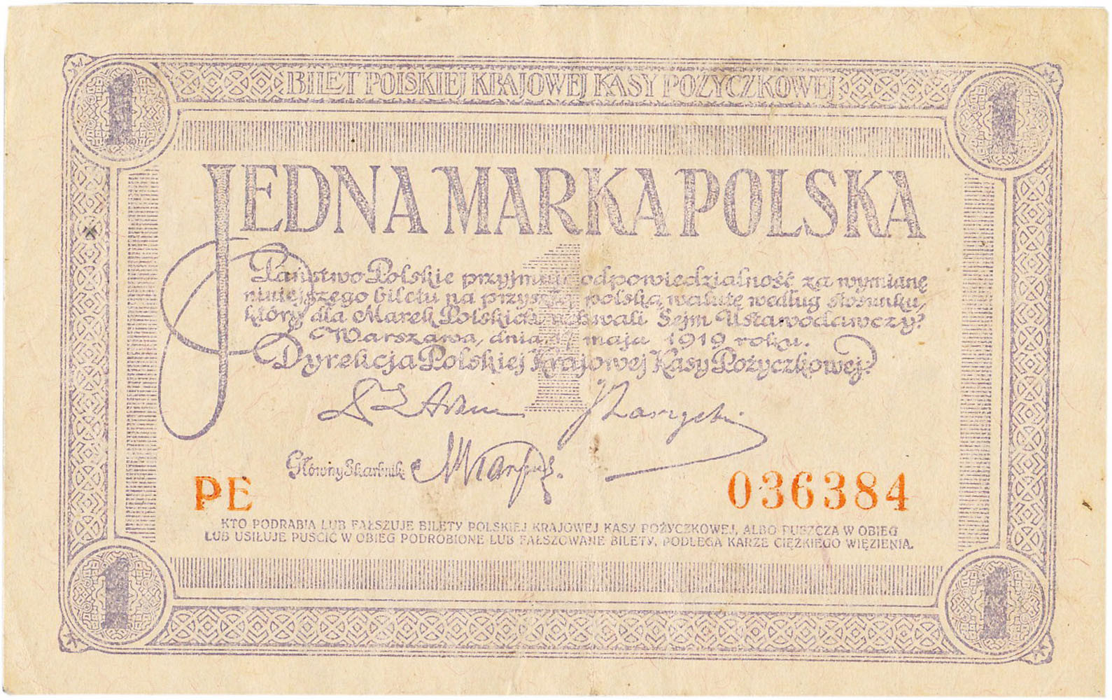 1 marka polska 1919 seria PE
